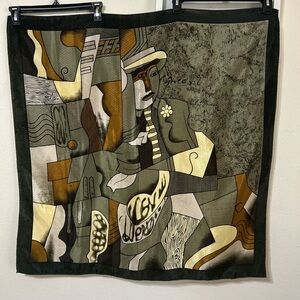 Vintage Art Scarf Picasso Style Silky Guitar Man Green Brown Square